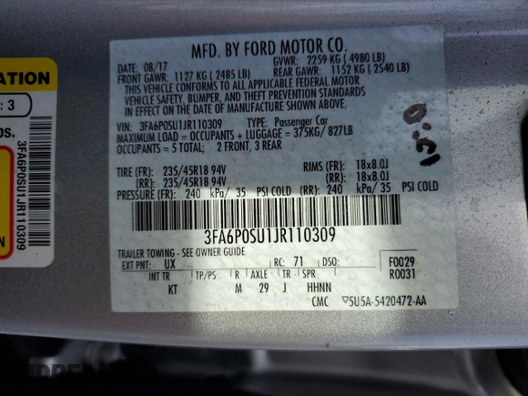 2018 Ford Fusion Titanium with VIN 3FA6P0SU1JR110309, listed as a Copart auction lot 41817295 with 90,525 mi miles and Salvage Title. Bid and sale history available at carsss.com. Image 13.