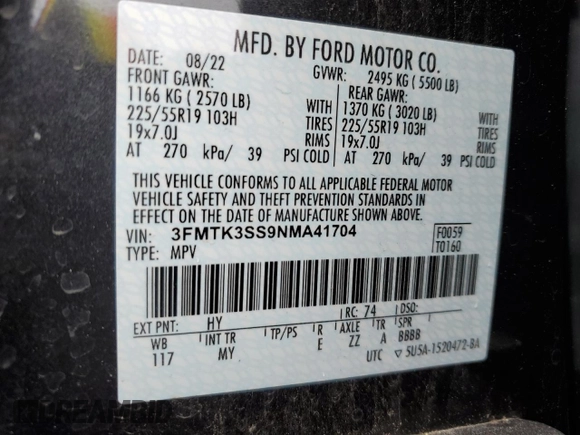 2022 Ford Mustang Mach-E Premium with VIN 3FMTK3SS9NMA41704, listed as a Copart auction lot 56936195 with 19,217 mi miles and Salvage title. Bid and sale history available at DreamBid. Image 14.