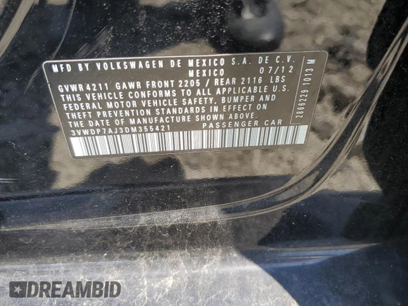 2013 Volkswagen Jetta SE с VIN 3VWDP7AJ3DM355421, выставлен на аукционе Copart как лот 63753015 с пробегом 203 322 миль миль и Списание • Salvage title. История ставок и продаж доступна на DreamBid. Изображение 12.