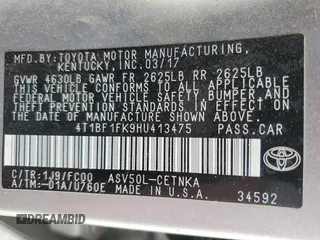 2017 Toyota Camry XLE with VIN 4T1BF1FK9HU413475, listed as a Copart auction lot 47134765 with 117,971 mi miles and Salvage Title. Bid and sale history available at carsss.com. Image 12.
