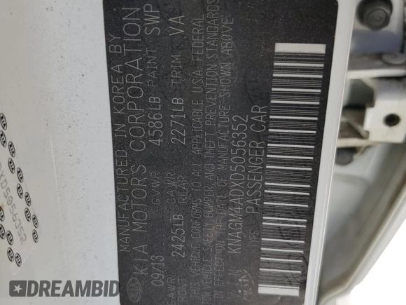 2013 Kia Optima Hybrid LX with VIN KNAGM4ADXD5056352, listed as a Copart auction lot 72418074 with 135,560 mi miles and Salvage Title. Bid and sale history available at carsss.com. Image 12.