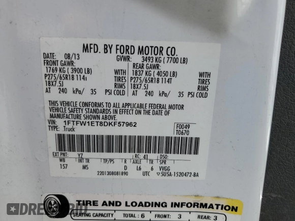 2013 Ford F-150 XL with VIN 1FTFW1ET8DKF57962, listed as a Copart auction lot 52625295 with 193,982 mi miles and Salvage Title. Bid and sale history available at carsss.com. Image 12.