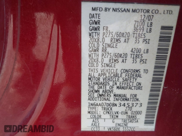 2008 Nissan Titan XE with VIN 1N6AA07D08N345373, listed as a IAAI auction lot 42035751 with 350,869 mi miles. Bid and sale history available at carsss.com. Image 9.