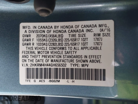 2016 Honda CR-V SE with VIN 2HKRM4H44GH656502, listed as a IAAI auction lot 41725344 with 44,783 mi miles and . Bid and sale history available at carsss.com. Image 9.