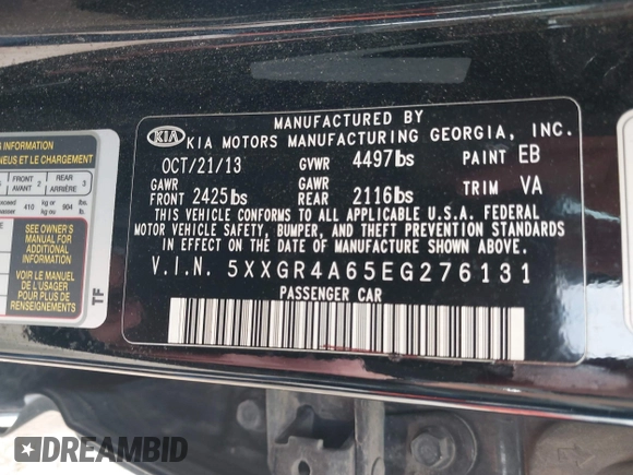 2014 Kia Optima SX Turbo with VIN 5XXGR4A65EG276131, listed as a IAAI auction lot 42429004 with 136,766 mi miles and . Bid and sale history available at DreamBid. Image 9.