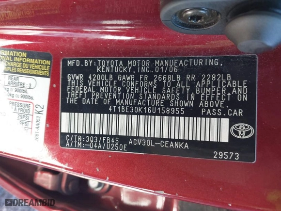 2006 Toyota Camry STD with VIN 4T1BE30K16U158955, listed as a IAAI auction lot 41284028 with 0 mi miles. Bid and sale history available at carsss.com. Image 9.