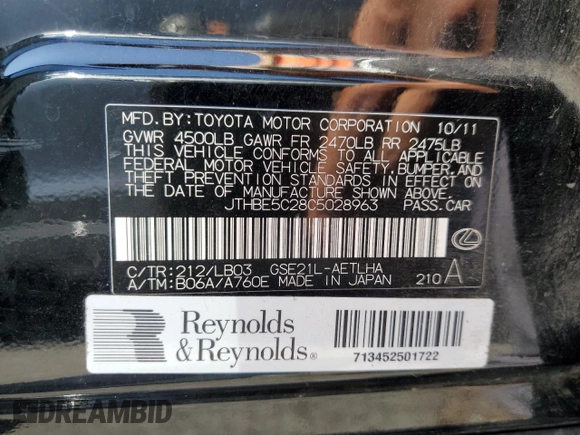2012 Lexus IS 350 with VIN JTHBE5C28C5028963, listed as a Copart auction lot 62705175 with 153,578 mi miles and Salvage title. Bid and sale history available at DreamBid. Image 12.
