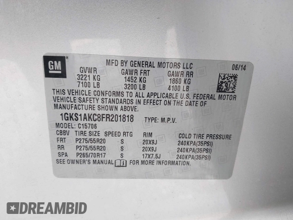 2015 GMC Yukon SLE with VIN 1GKS1AKC8FR201818, listed as a IAAI auction lot 41707754 with 193,100 mi miles. Bid and sale history available at carsss.com. Image 9.