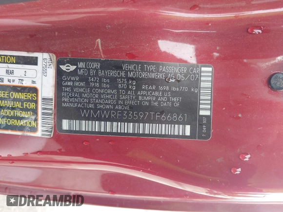 2007 MINI Convertible z VIN WMWRF33597TF66861, wystawiony jako IAAI lot #42278349 z przebiegiem 96 011 mil mil oraz . Historia ofert i sprzedaży dostępna na DreamBid. Obrazek 9.