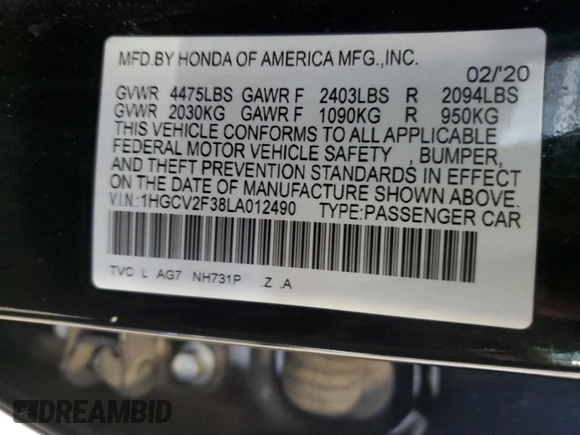 2020 Honda Accord Sport with VIN 1HGCV2F38LA012490, listed as a Copart auction lot 50301345 with 142,916 mi miles and Salvage title. Bid and sale history available at DreamBid. Image 12.