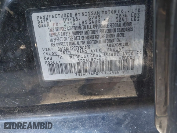 2015 Nissan Sentra SV with VIN 3N1AB7AP0FY341466, listed as a IAAI auction lot 41773483 with 105,312 mi miles and . Bid and sale history available at DreamBid. Image 9.