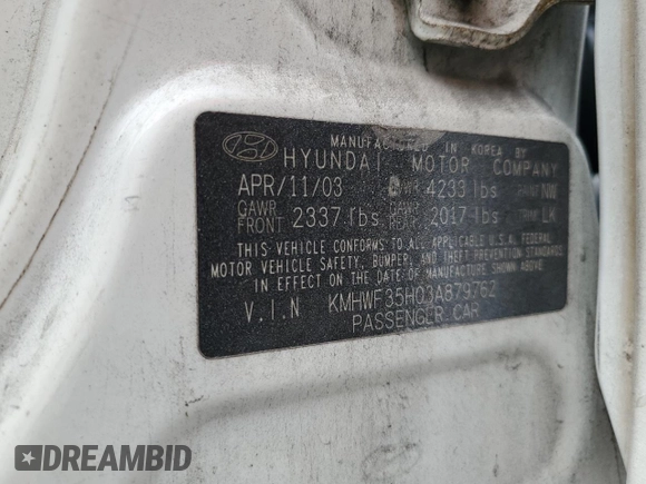 2003 Hyundai Sonata GLS with VIN KMHWF35H03A879762, listed as a Copart auction lot 84282744 with 192,132 mi miles and Salvage Title. Bid and sale history available at carsss.com. Image 14.