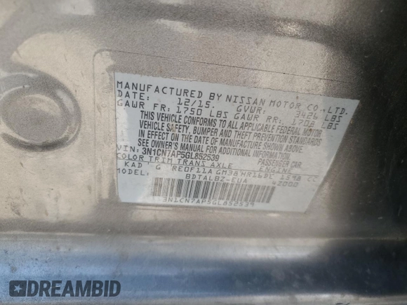 2016 Nissan Versa S Plus with VIN 3N1CN7AP5GL852539, listed as a Copart auction lot 62293585 with 119,106 mi miles and Salvage title. Bid and sale history available at DreamBid. Image 12.