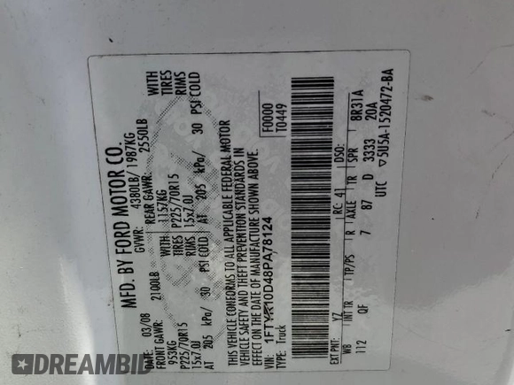 2008 Ford Ranger XL с VIN 1FTYR10D48PA78124, выставлен на аукционе Copart как лот 58038345 с пробегом 170 943 миль миль и Списание • Salvage title. История ставок и продаж доступна на DreamBid. Изображение 12.