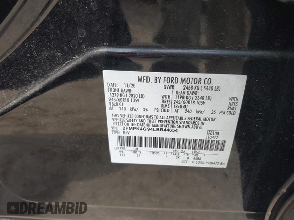 2020 Ford Edge SE with VIN 2FMPK4G94LBB44654, listed as a IAAI auction lot 42105374 with 112,126 mi miles and . Bid and sale history available at DreamBid. Image 9.