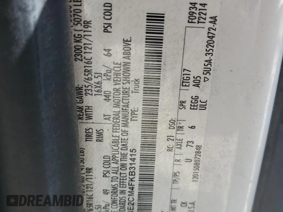 2015 Ford Transit Cargo with VIN 1FTNE2CM4FKB31415, listed as a Copart auction lot 56345825 with 214,372 mi miles and Clean title. Bid and sale history available at DreamBid. Image 14.