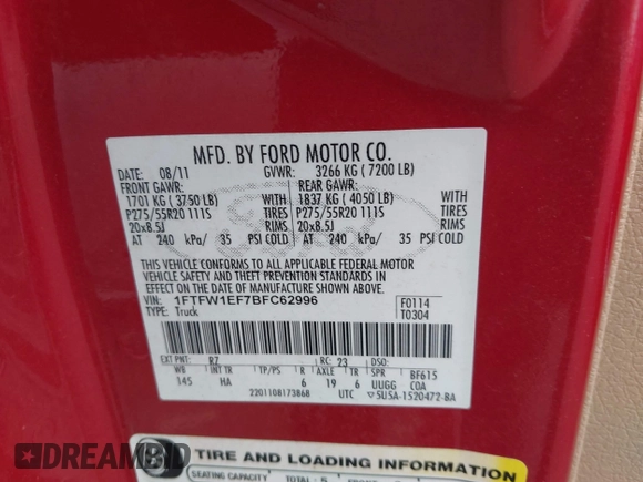 2011 Ford F-150 XL with VIN 1FTFW1EF7BFC62996, listed as a IAAI auction lot 42503700 with 139,596 mi miles and . Bid and sale history available at DreamBid. Image 9.