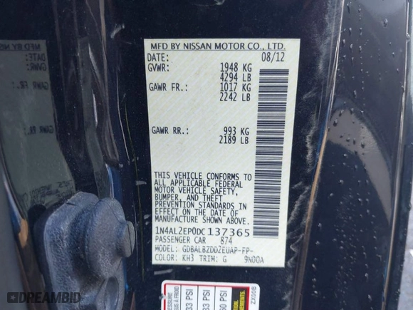2013 Nissan Altima 2.5 S with VIN 1N4AL2EP0DC137365, listed as a IAAI auction lot 41673131 with 116,267 mi miles. Bid and sale history available at carsss.com. Image 9.