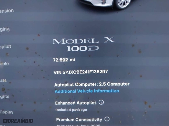 2018 Tesla Model X 75D with VIN 5YJXCBE24JF138297, listed as a IAAI auction lot 41058224 with NaN miles. Bid and sale history available at carsss.com. Image 15.