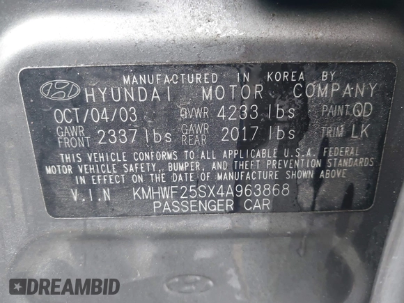 2004 Hyundai Sonata with VIN KMHWF25SX4A963868, listed as a IAAI auction lot 41973317 with 191,843 mi miles. Bid and sale history available at carsss.com. Image 9.