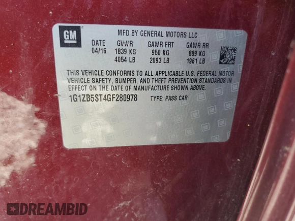 2016 Chevrolet Malibu LS with VIN 1G1ZB5ST4GF280978, listed as a Copart auction lot 62279475 with Not provided miles and Clean title. Bid and sale history available at DreamBid. Image 12.