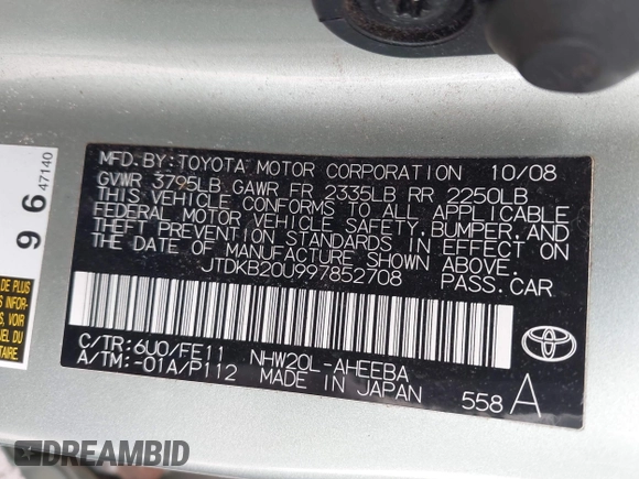 2009 Toyota Prius with VIN JTDKB20U997852708, listed as a IAAI auction lot 41939611 with 89,213 mi miles. Bid and sale history available at carsss.com. Image 9.