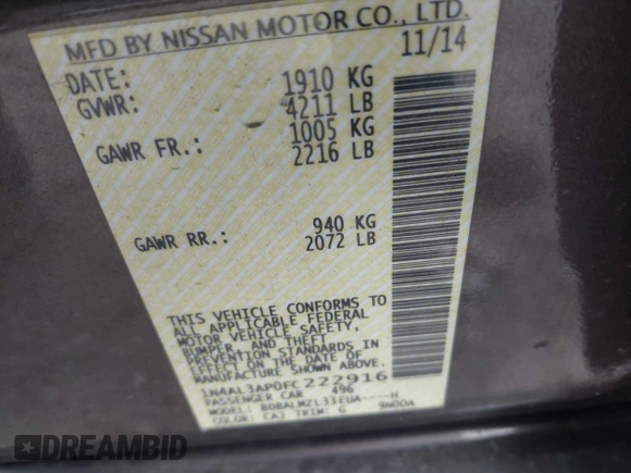 2015 Nissan Altima SV with VIN 1N4AL3AP0FC222916, listed as a IAAI auction lot 41983997 with 133,088 mi miles and . Bid and sale history available at carsss.com. Image 9.