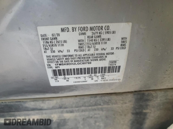 2020 Ford Explorer XLT z VIN 1FMSK8DH2LGC80769, wystawiony jako Copart lot #85497224 z przebiegiem 62 929 mil mil oraz Szkoda całkowita • Salvage title. Historia ofert i sprzedaży dostępna na DreamBid. Obrazek 13.