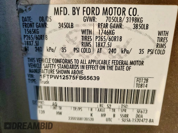 2005 Ford F-150 XLT with VIN 1FTPW12575FB65639, listed as a Copart auction lot 49744715 with 55,125 mi miles and Clean Title. Bid and sale history available at carsss.com. Image 13.