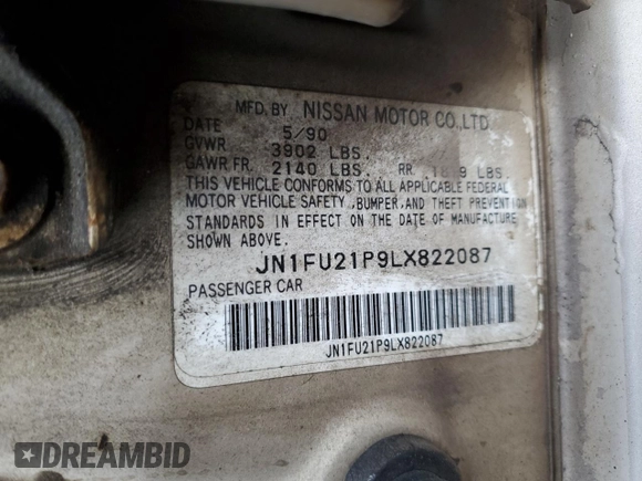 1990 Nissan Stanza GXE z VIN JN1FU21P9LX822087, wystawiony jako Copart lot #82967984 z przebiegiem 109 985 mil mil oraz Czysty tytuł • Clean title. Historia ofert i sprzedaży dostępna na DreamBid. Obrazek 12.