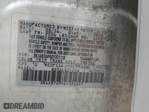 2016 Nissan Sentra S with VIN 3N1AB7AP4GY331119, listed as a Copart auction lot 49382815 with 100,628 mi miles and Salvage Title. Bid and sale history available at carsss.com. Image 14.