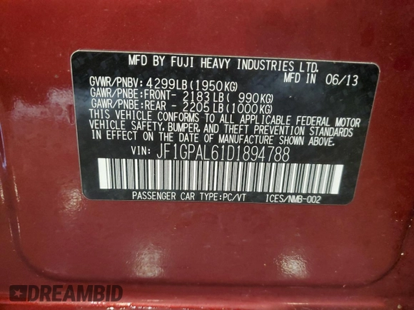 2013 Subaru Impreza Special Sports Premium z VIN JF1GPAL61D1894788, wystawiony jako Copart lot #57669455 z przebiegiem 123 701 mil mil oraz Szkoda całkowita • Salvage title. Historia ofert i sprzedaży dostępna na DreamBid. Obrazek 12.
