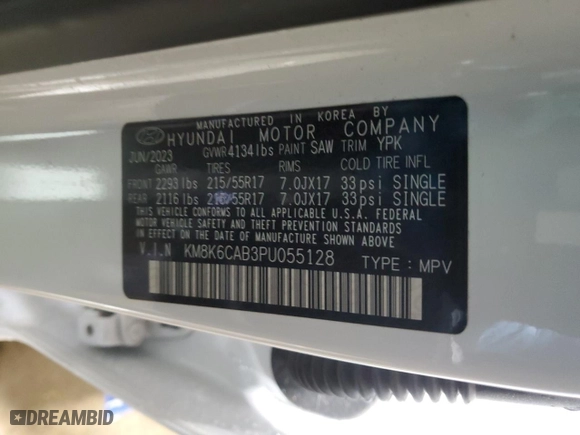 2023 Hyundai Kona SEL with VIN KM8K6CAB3PU055128, listed as a Copart auction lot 53989955 with 0 mi miles and Non Repairable. Bid and sale history available at carsss.com. Image 12.