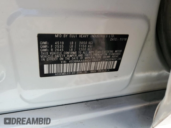 2017 Subaru Legacy with VIN 4S3BNAA69H3038002, listed as a Copart auction lot 45399735 with 167,636 mi miles and Salvage Title. Bid and sale history available at carsss.com. Image 12.