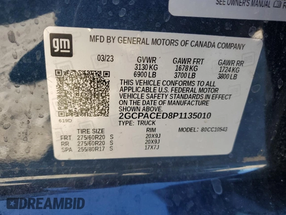 2023 Chevrolet Silverado 1500 LT with VIN 2GCPACED8P1135010, listed as a Copart auction lot 87895835 with 45,886 mi miles and Salvage Title. Bid and sale history available at DreamBid. Image 12.
