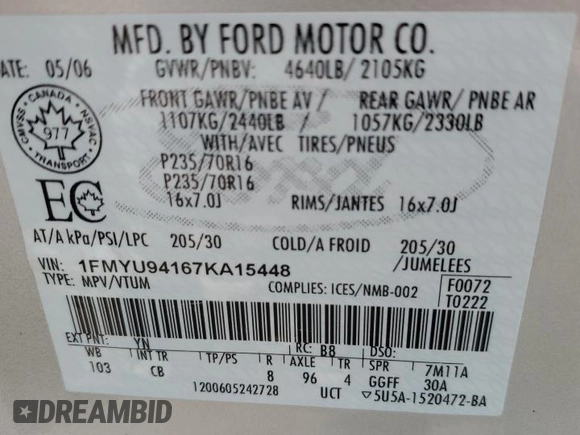 2007 Ford Escape Limited with VIN 1FMYU94167KA15448, listed as a Copart auction lot 57178795 with 301,759 mi miles and Salvage title. Bid and sale history available at DreamBid. Image 14.
