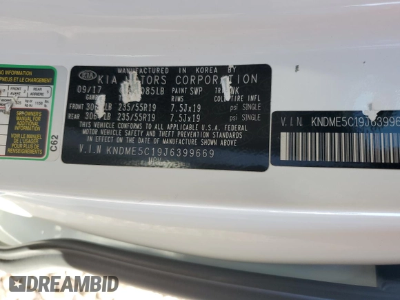 2018 Kia Sedona SX-L with VIN KNDME5C19J6399669, listed as a Copart auction lot 72073194 with 60,657 mi miles and Salvage Title. Bid and sale history available at DreamBid. Image 13.