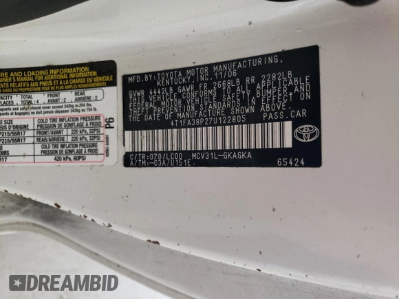 2007 Toyota Solara SE with VIN 4T1FA38P27U122805, listed as a Copart auction lot 64450004 with 95,401 mi miles and Salvage title. Bid and sale history available at DreamBid. Image 15.