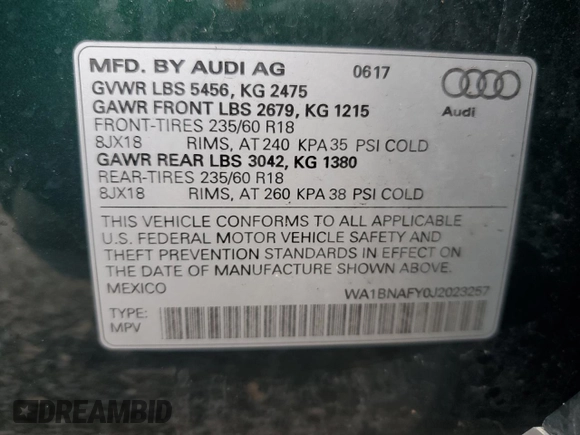 2018 Audi Q5 Premium Plus with VIN WA1BNAFY0J2023257, listed as a Copart auction lot 53437995 with 171,669 mi miles and Clean Title. Bid and sale history available at DreamBid. Image 13.