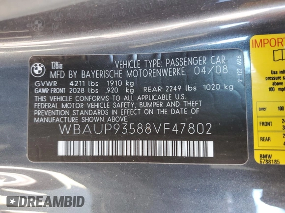 2008 BMW 1 Series 128i with VIN WBAUP93588VF47802, listed as a Copart auction lot 50807405 with 108,162 mi miles and Clean title. Bid and sale history available at DreamBid. Image 12.