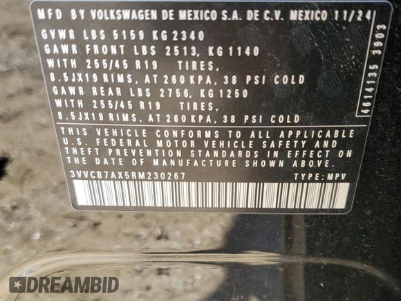 2024 Volkswagen Tiguan SE R-Line Black with VIN 3VVCB7AX5RM230267, listed as a Copart auction lot 52185675 with Not provided miles and Salvage title. Bid and sale history available at DreamBid. Image 13.