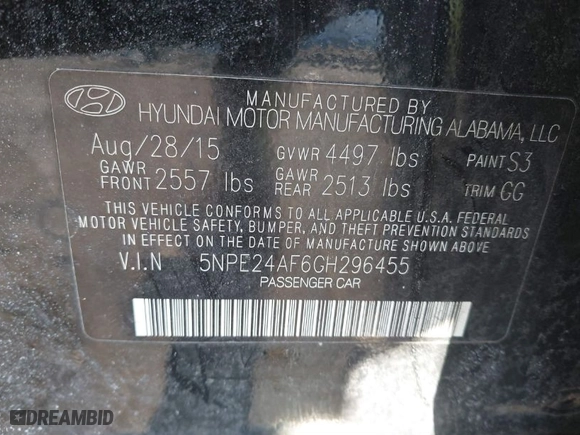2016 Hyundai Sonata 2.4L SE with VIN 5NPE24AF6GH296455, listed as a IAAI auction lot 41407486 with 86,790 mi miles. Bid and sale history available at carsss.com. Image 9.