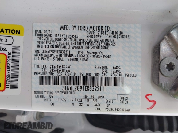 2014 Lincoln MKZ with VIN 3LN6L2G91ER832211, listed as a IAAI auction lot 41770905 with 63,417 mi miles and . Bid and sale history available at DreamBid. Image 9.