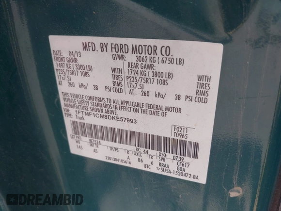 2013 Ford F-150 XL with VIN 1FTMF1CM8DKE57993, listed as a IAAI auction lot 40170500 with 195,379 mi miles and . Bid and sale history available at DreamBid. Image 9.