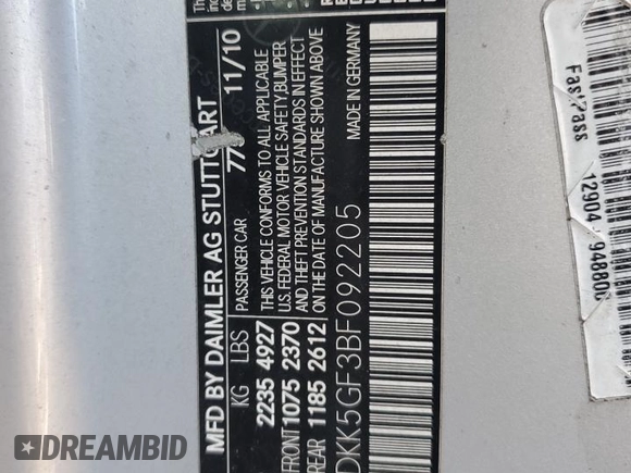 2011 Mercedes-Benz E 350 with VIN WDDKK5GF3BF092205, listed as a Copart auction lot 64381605 with Not provided miles and Salvage title. Bid and sale history available at DreamBid. Image 12.