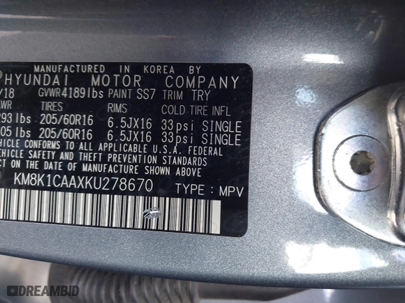 2019 Hyundai Kona SE with VIN KM8K1CAAXKU278670, listed as a IAAI auction lot 41858534 with 34,902 mi miles. Bid and sale history available at carsss.com. Image 9.