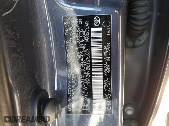 2013 Toyota Prius One with VIN JTDKN3DU2D1675633, listed as a Copart auction lot 49341255 with 232,622 mi miles and Salvage Title. Bid and sale history available at DreamBid. Image 12.
