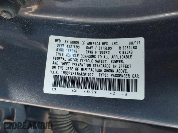 2017 Honda Accord Sport with VIN 1HGCR2F55HA281513, listed as a IAAI auction lot 41774805 with 121,410 mi miles. Bid and sale history available at carsss.com. Image 9.