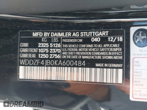 2019 Mercedes-Benz E-Class E 300 with VIN WDDZF4JB0KA600484, listed as a IAAI auction lot 41806241 with 43,038 mi miles. Bid and sale history available at carsss.com. Image 9.
