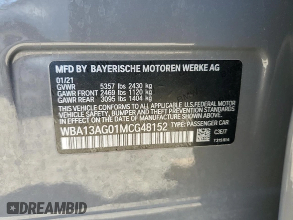 2021 BMW 5 Series 530e with VIN WBA13AG01MCG48152, listed as a Copart auction lot 57289354 with Not Provided miles and Salvage Title. Bid and sale history available at carsss.com. Image 12.
